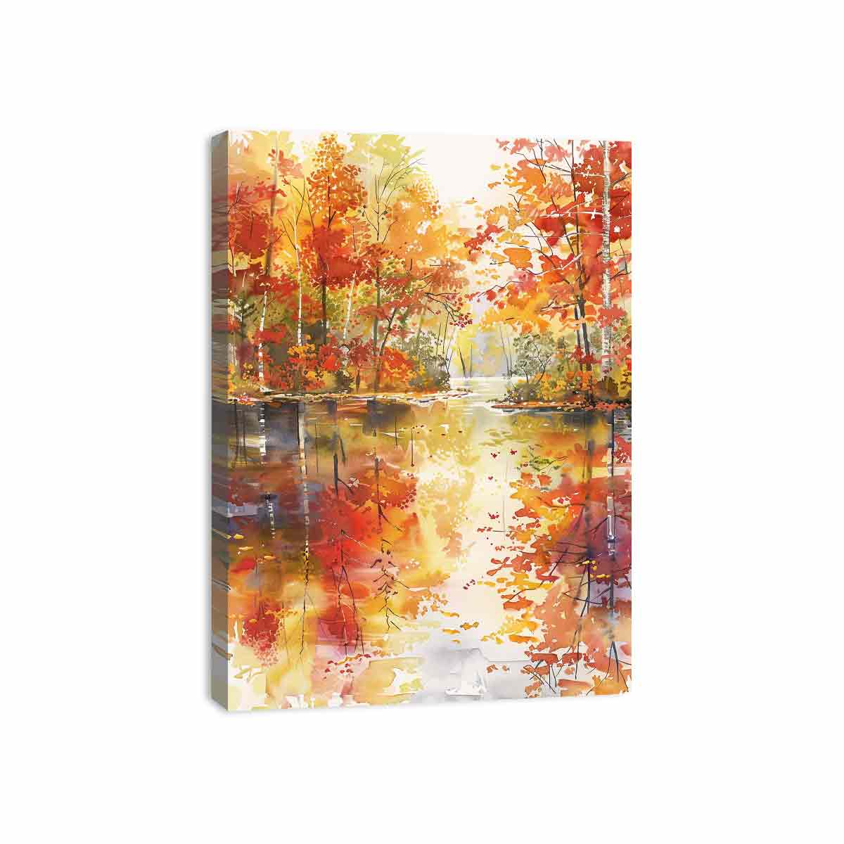 Autumn forest river watercolor canvas art for warm living room wall decor.