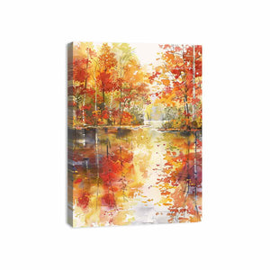 Autumn forest river watercolor canvas art for warm living room wall decor.