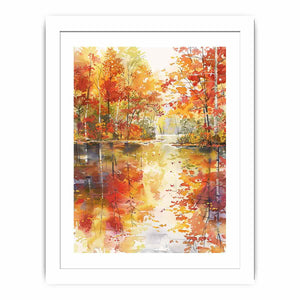Autumn forest river watercolor canvas art for warm living room wall decor.