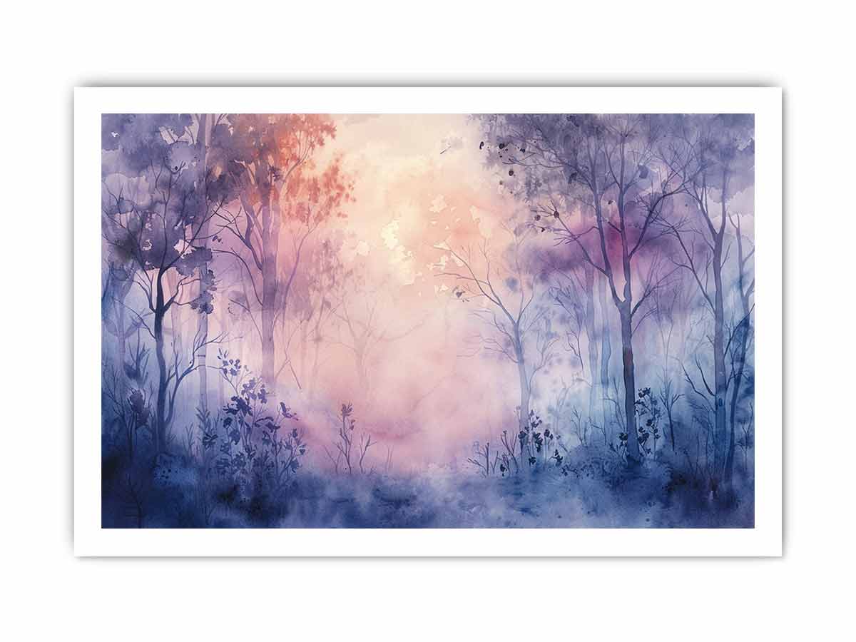 Misty lavender forest watercolor canvas art for peaceful bedroom decor.