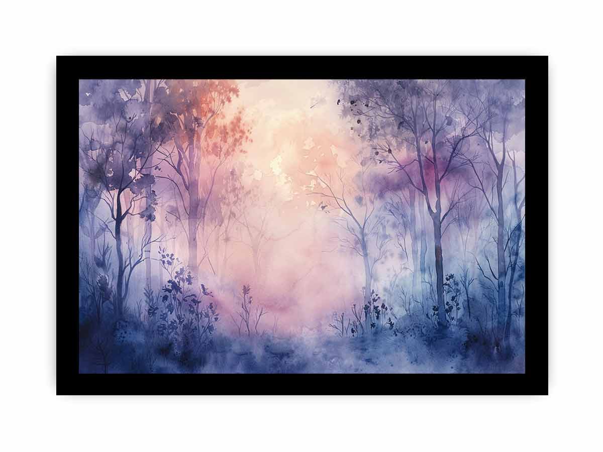 Misty lavender forest watercolor canvas art for peaceful bedroom decor.