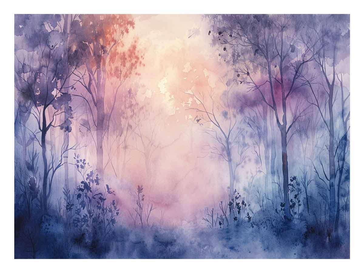 Misty lavender forest watercolor canvas art for peaceful bedroom decor.