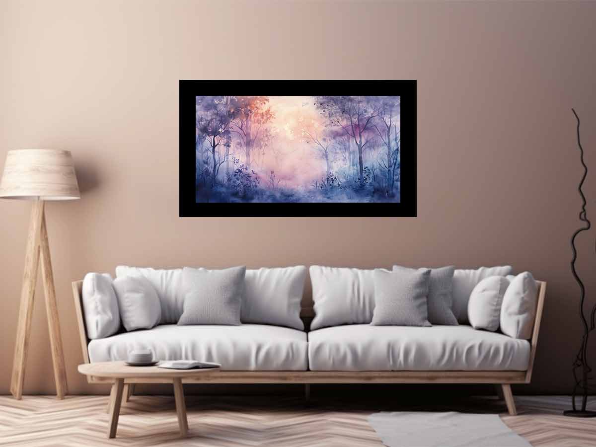 Misty lavender forest watercolor canvas art for peaceful bedroom decor.