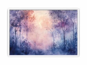 Misty lavender forest watercolor canvas art for peaceful bedroom decor.
