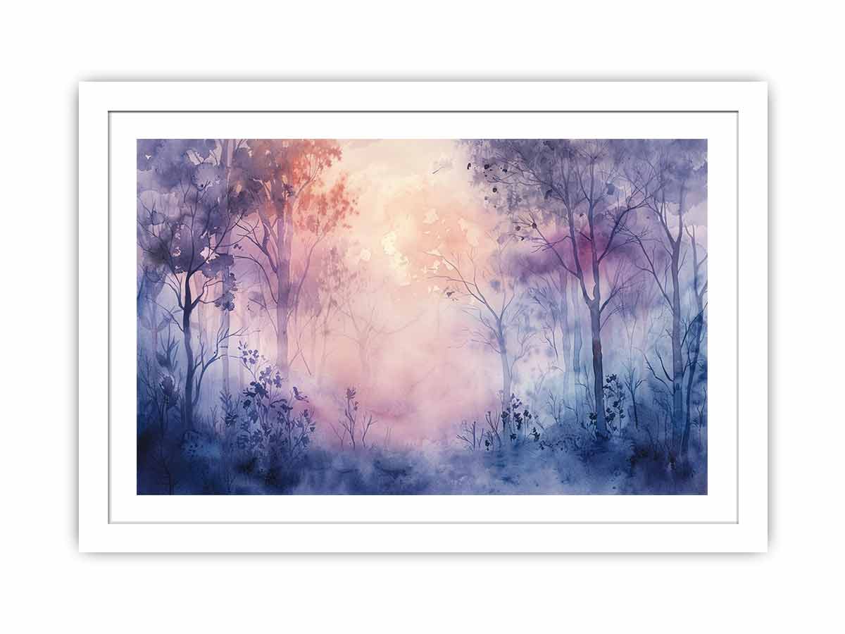Misty lavender forest watercolor canvas art for peaceful bedroom decor.