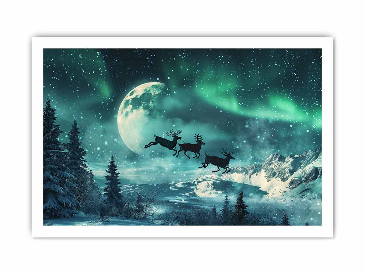 Magical aurora reindeer canvas art with moon, snow, and mountains for winter decor.