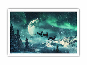 Magical aurora reindeer canvas art with moon, snow, and mountains for winter decor.