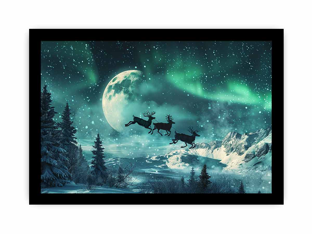 Magical aurora reindeer canvas art with moon, snow, and mountains for winter decor.