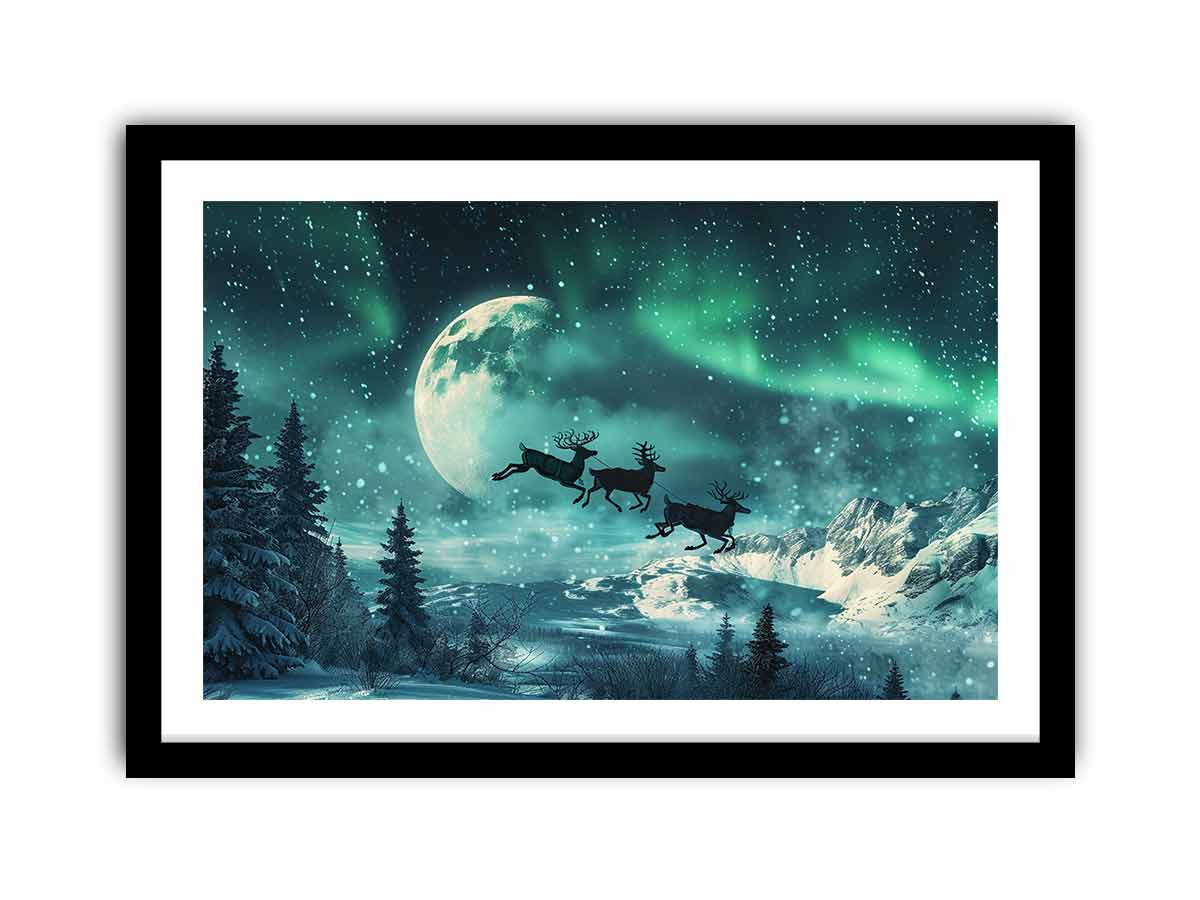 Magical aurora reindeer canvas art with moon, snow, and mountains for winter decor.