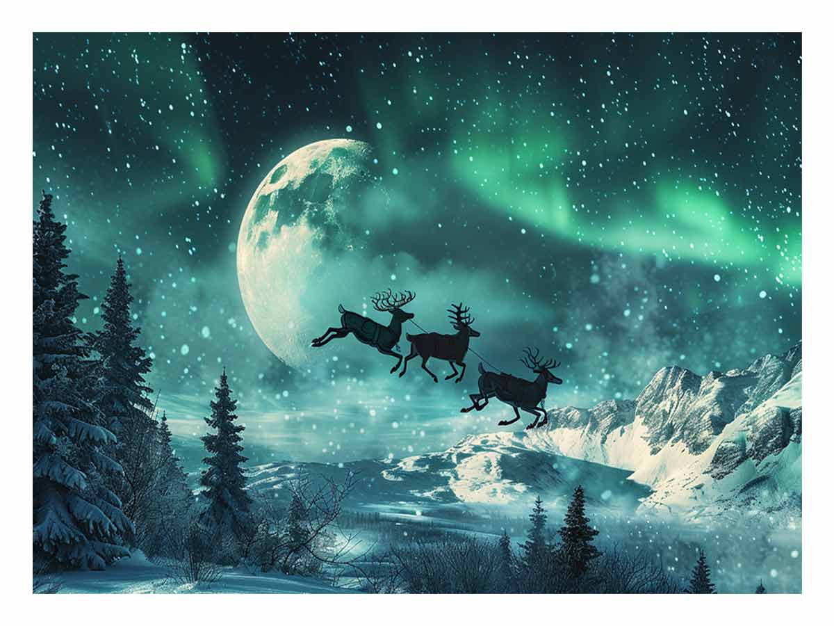 Magical aurora reindeer canvas art with moon, snow, and mountains for winter decor.