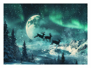 Magical aurora reindeer canvas art with moon, snow, and mountains for winter decor.