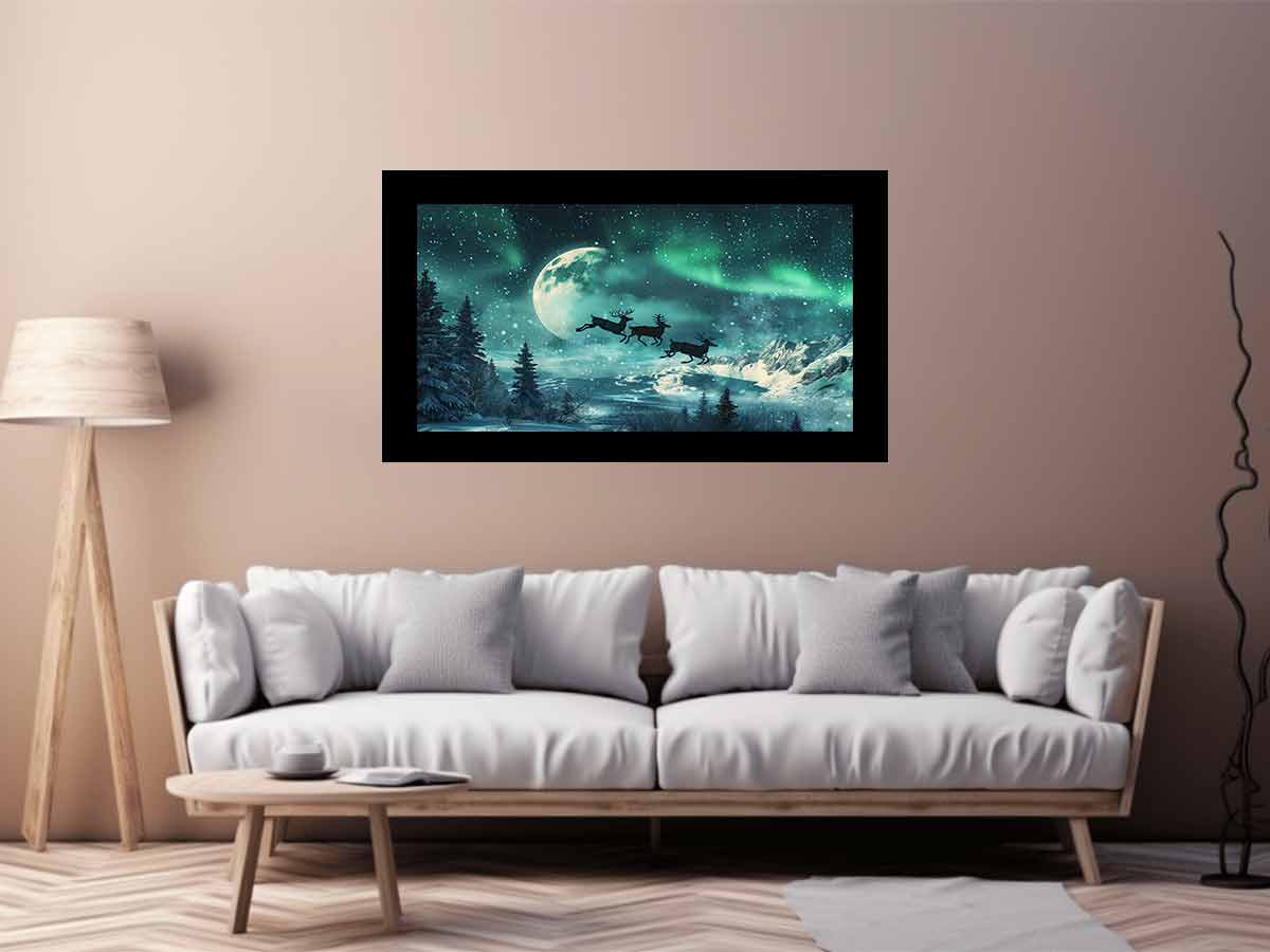 Magical aurora reindeer canvas art with moon, snow, and mountains for winter decor.