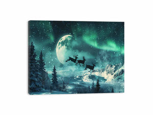 Magical aurora reindeer canvas art with moon, snow, and mountains for winter decor.