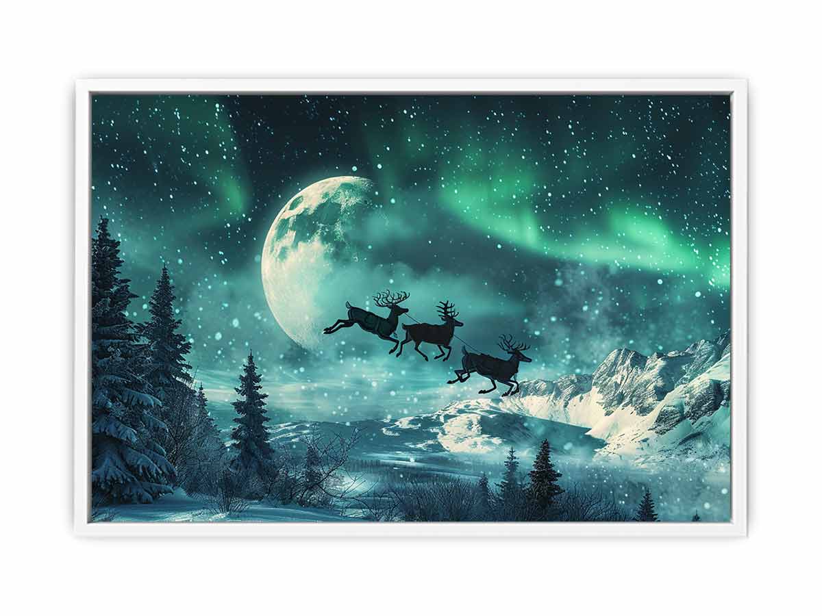 Magical aurora reindeer canvas art with moon, snow, and mountains for winter decor.