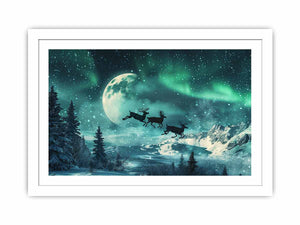 Magical aurora reindeer canvas art with moon, snow, and mountains for winter decor.
