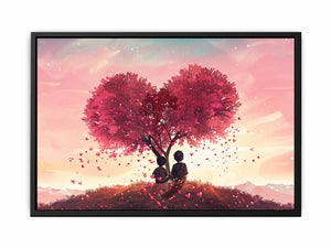 Whimsical heart tree canvas art with children and pink petals for nursery decor.