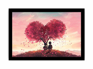 Whimsical heart tree canvas art with children and pink petals for nursery decor.