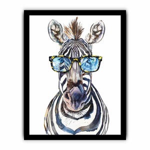 Playful zebra watercolor canvas art with glasses for kids room or office decor.