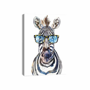 Playful zebra watercolor canvas art with glasses for kids room or office decor.