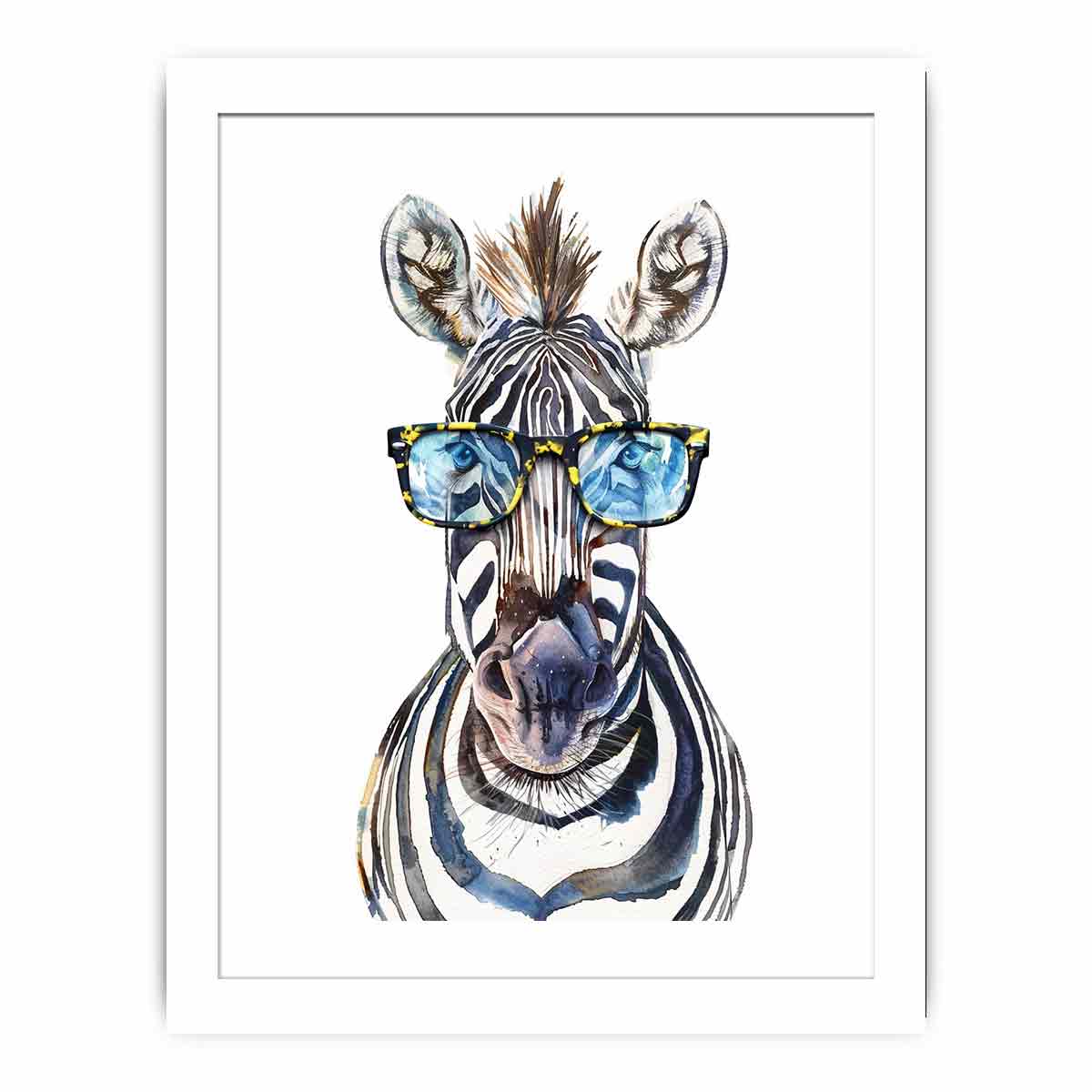 Playful zebra watercolor canvas art with glasses for kids room or office decor.