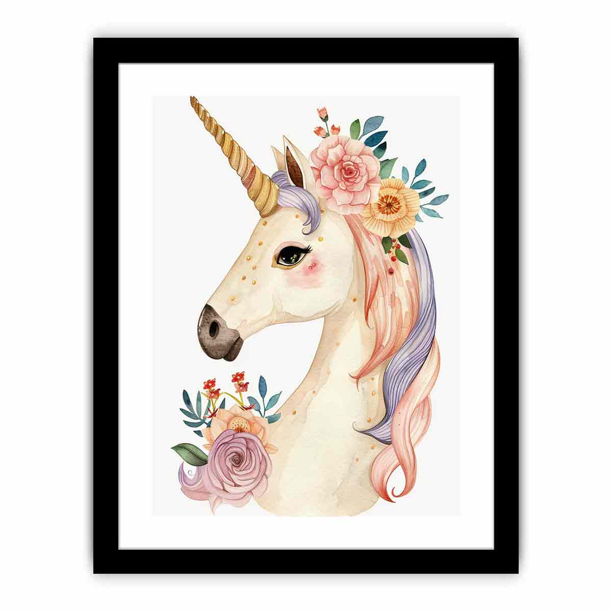 Pastel unicorn watercolor canvas art with flowers for nursery and kids room decor.