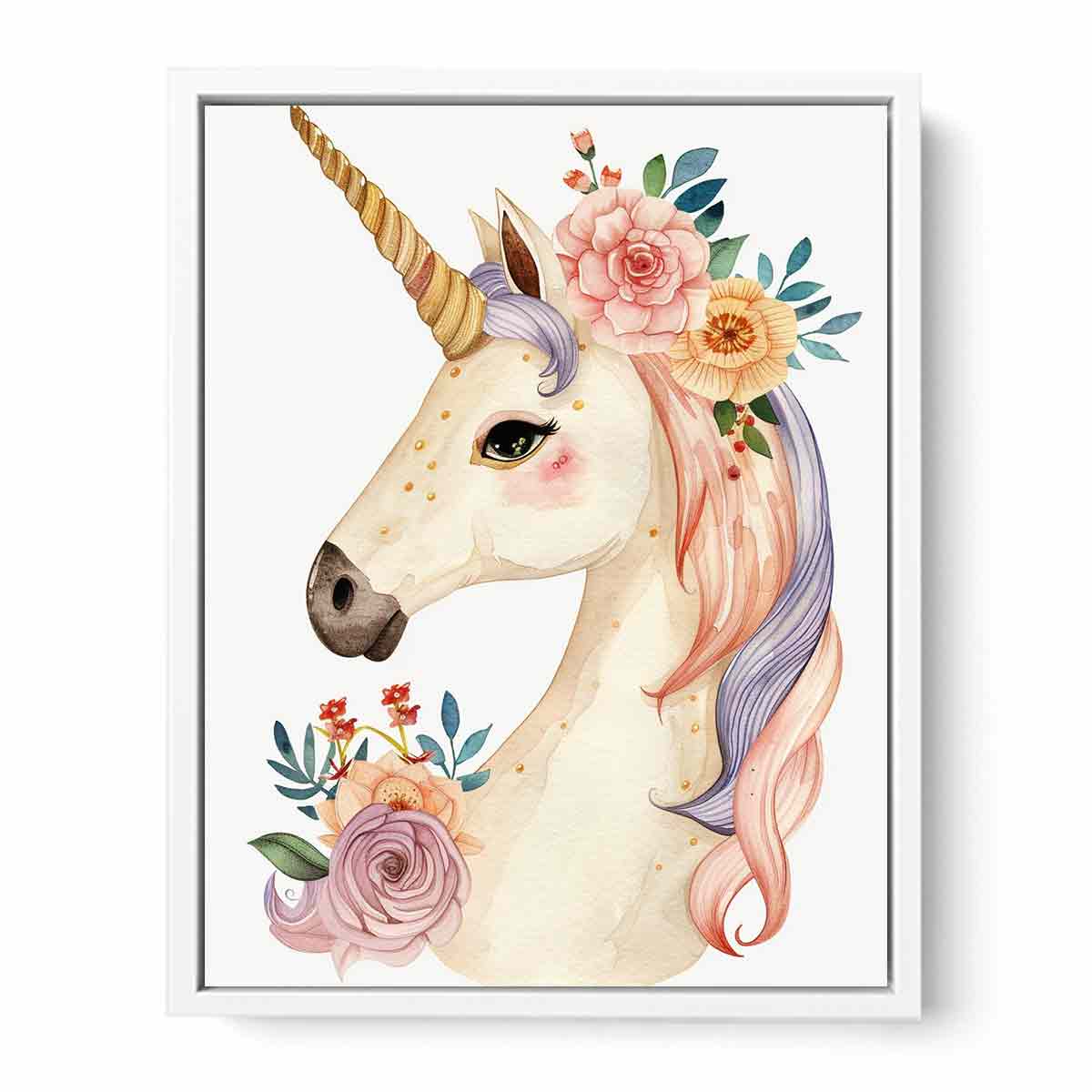 Pastel unicorn watercolor canvas art with flowers for nursery and kids room decor.