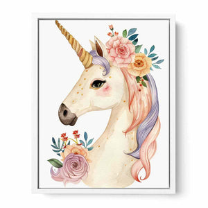 Pastel unicorn watercolor canvas art with flowers for nursery and kids room decor.
