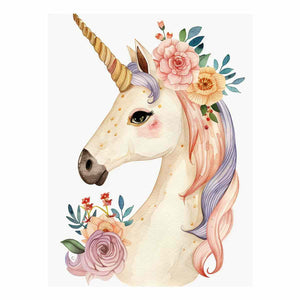 Pastel unicorn watercolor canvas art with flowers for nursery and kids room decor.