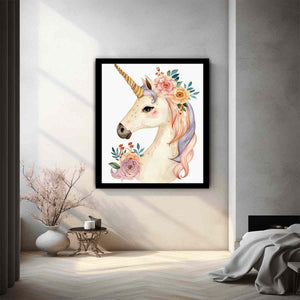 Pastel unicorn watercolor canvas art with flowers for nursery and kids room decor.