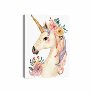 Pastel unicorn watercolor canvas art with flowers for nursery and kids room decor.