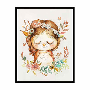 Sweet woodland owl girl canvas art with flowers and leaves for nursery decor.