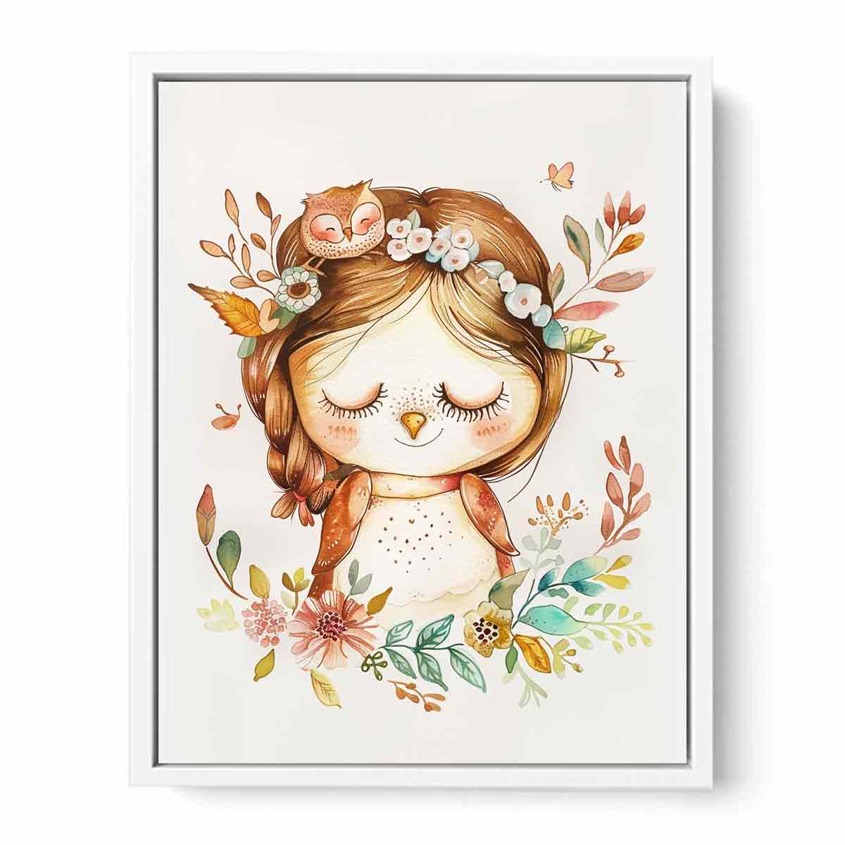 Sweet woodland owl girl canvas art with flowers and leaves for nursery decor.