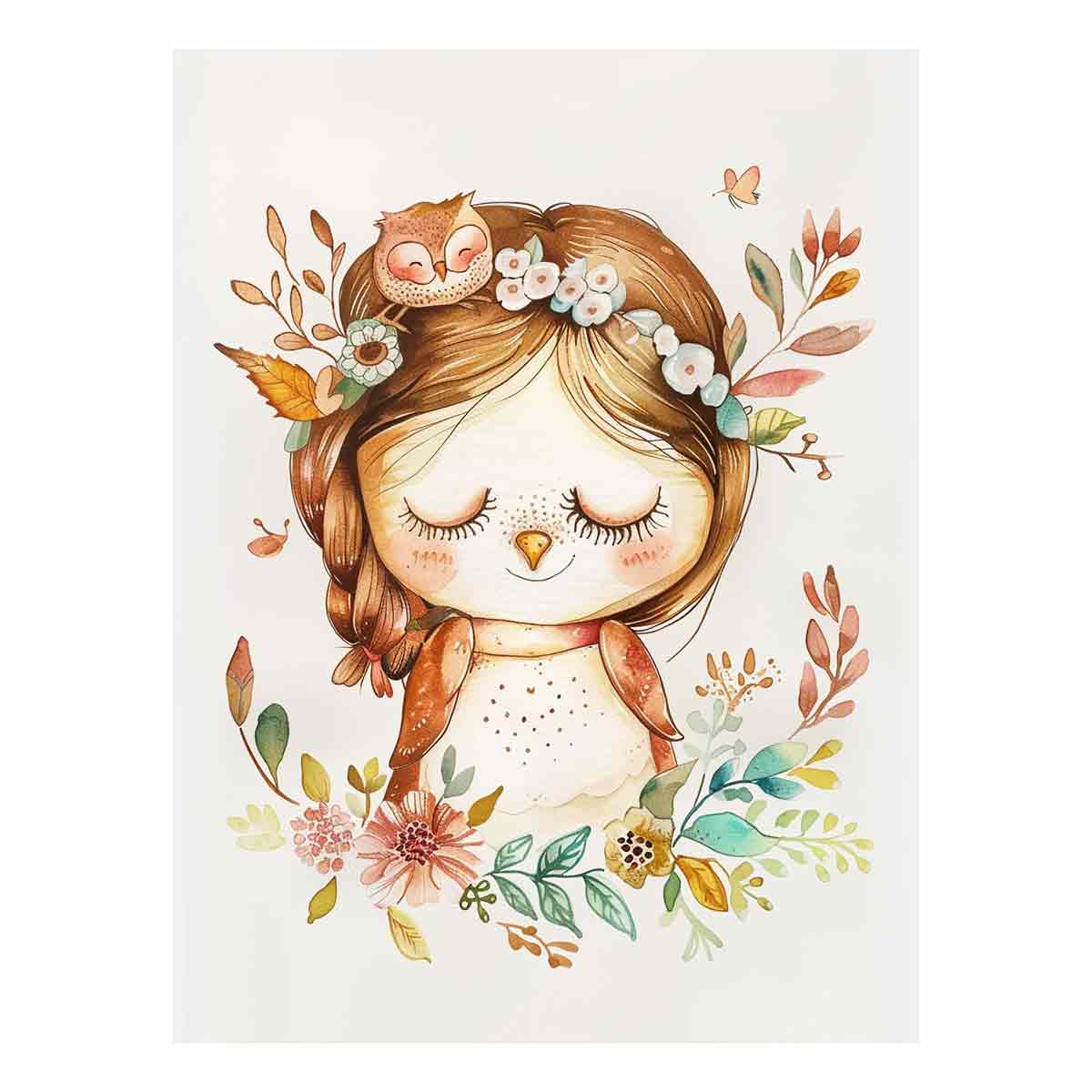 Sweet woodland owl girl canvas art with flowers and leaves for nursery decor.