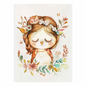 Sweet woodland owl girl canvas art with flowers and leaves for nursery decor.