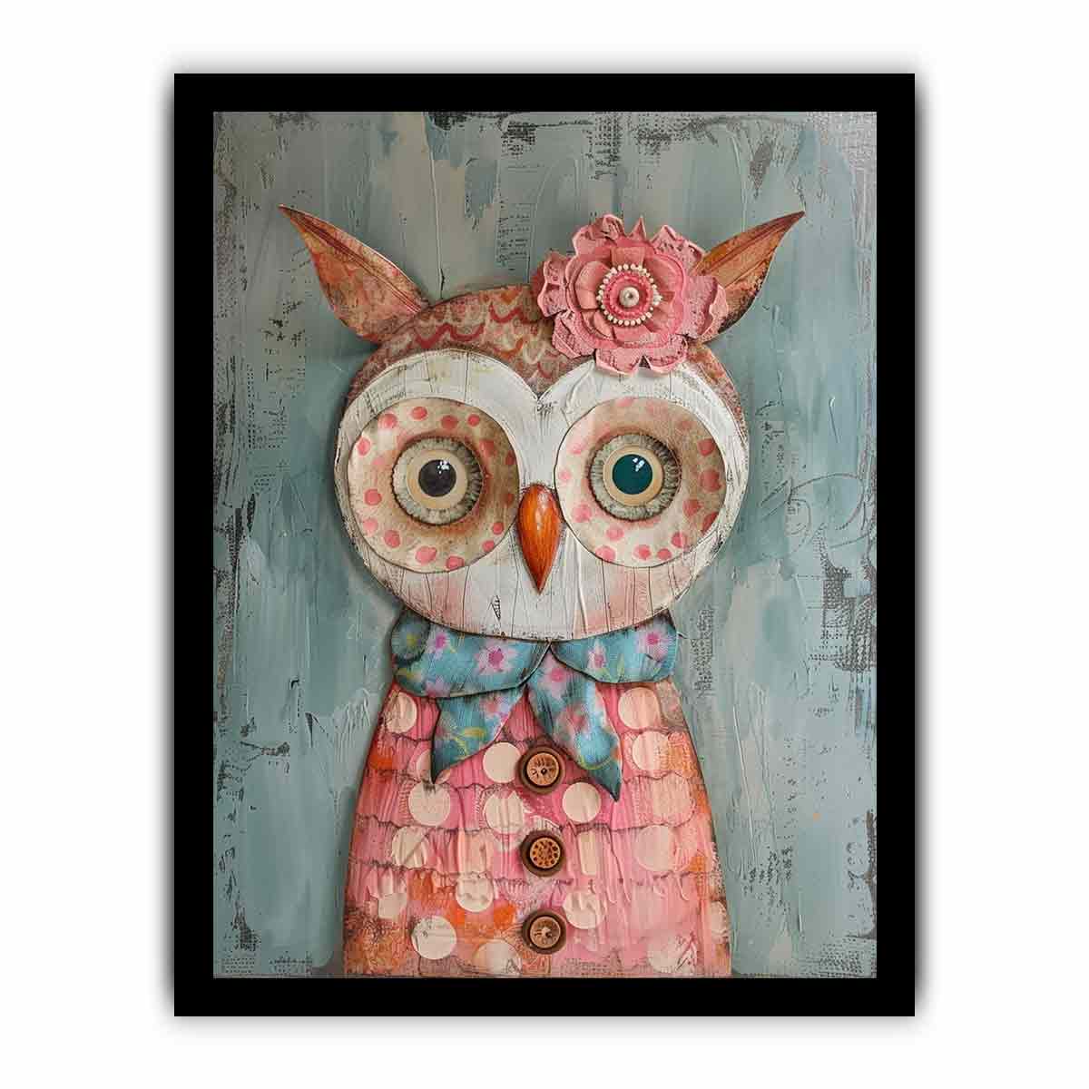 Textured patchwork owl canvas art with buttons and flowers for kids room decor.