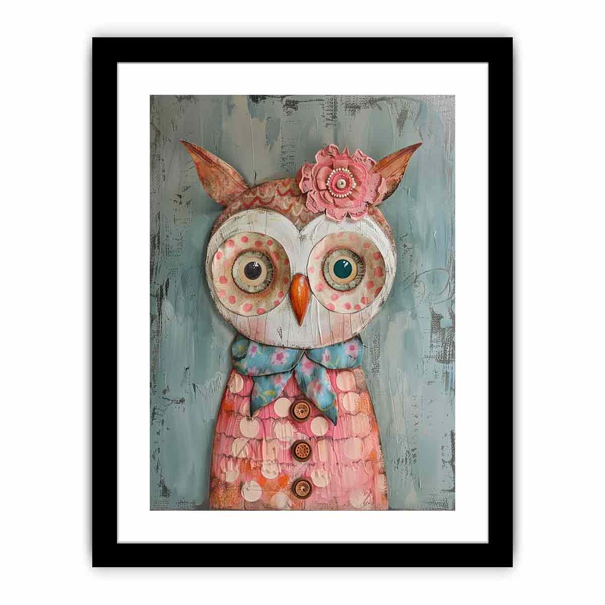 Textured patchwork owl canvas art with buttons and flowers for kids room decor.