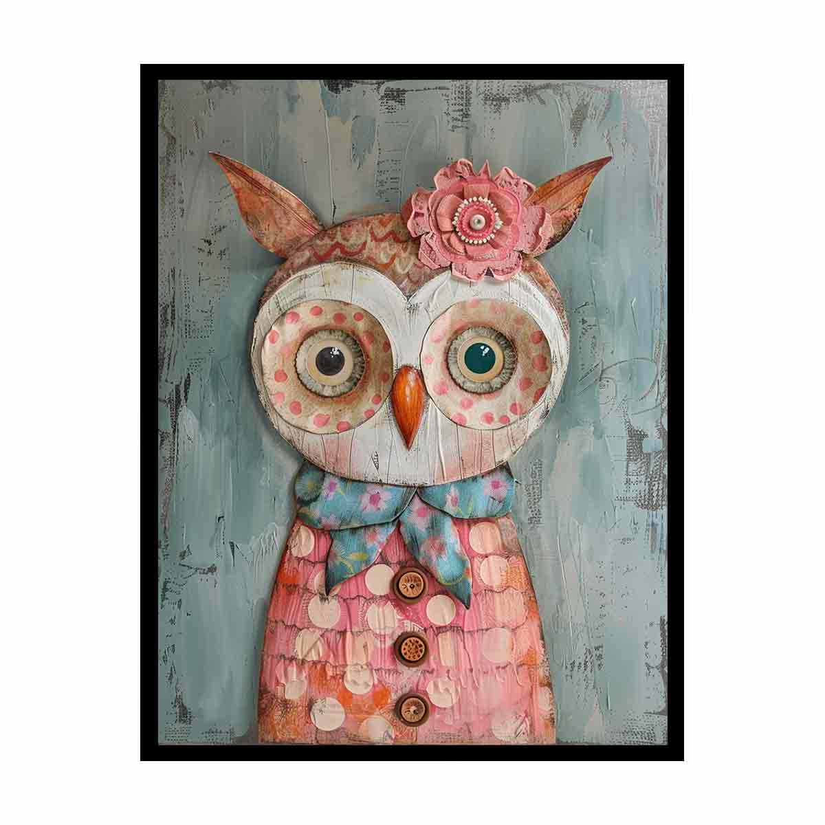 Textured patchwork owl canvas art with buttons and flowers for kids room decor.