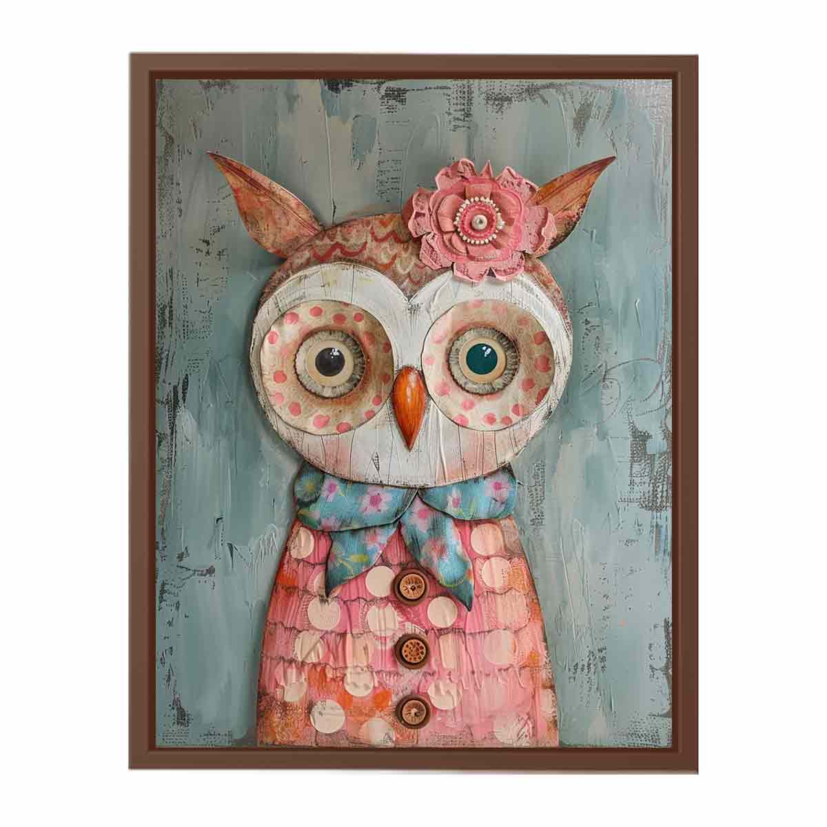 Textured patchwork owl canvas art with buttons and flowers for kids room decor.