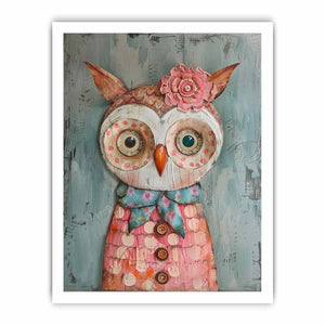 Textured patchwork owl canvas art with buttons and flowers for kids room decor.