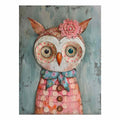 Textured patchwork owl canvas art with buttons and flowers for kids room decor.