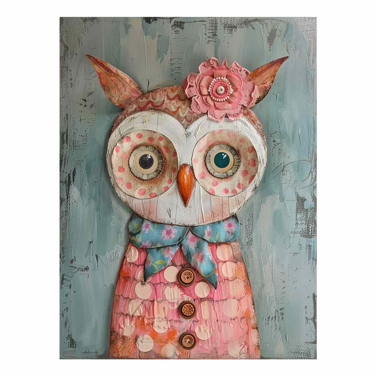 Textured patchwork owl canvas art with buttons and flowers for kids room decor.