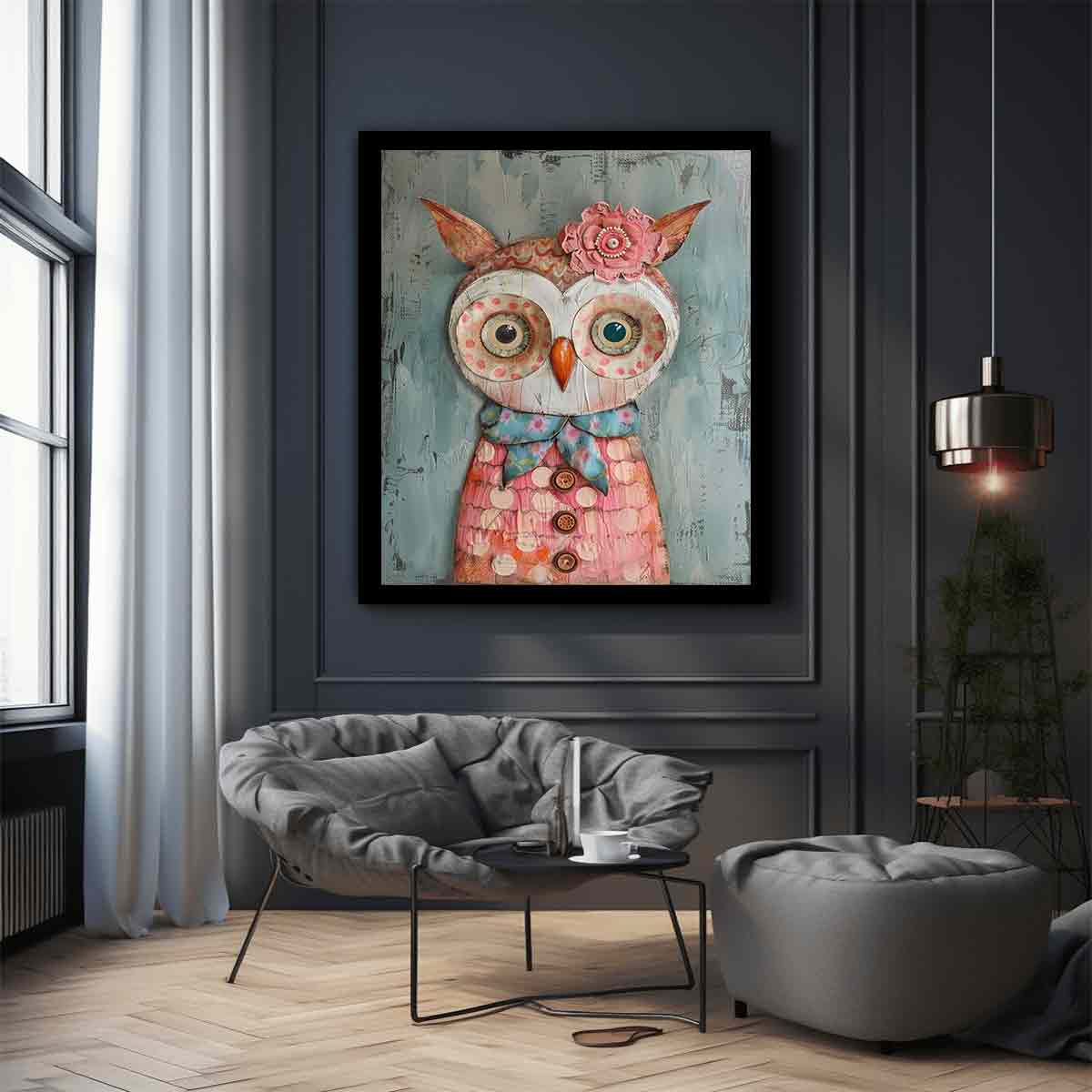 Textured patchwork owl canvas art with buttons and flowers for kids room decor.
