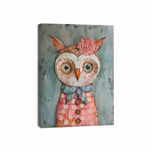 Textured patchwork owl canvas art with buttons and flowers for kids room decor.