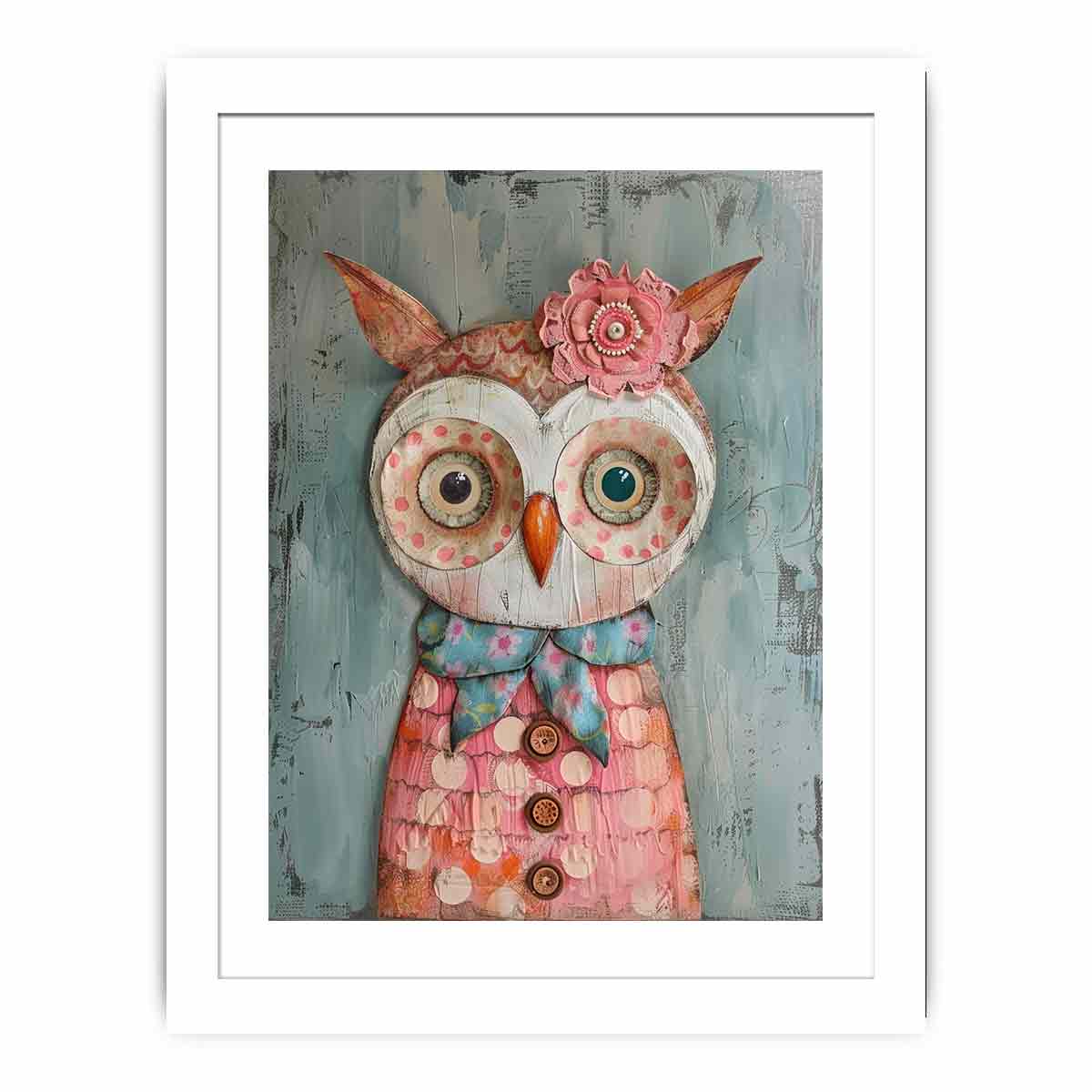 Textured patchwork owl canvas art with buttons and flowers for kids room decor.