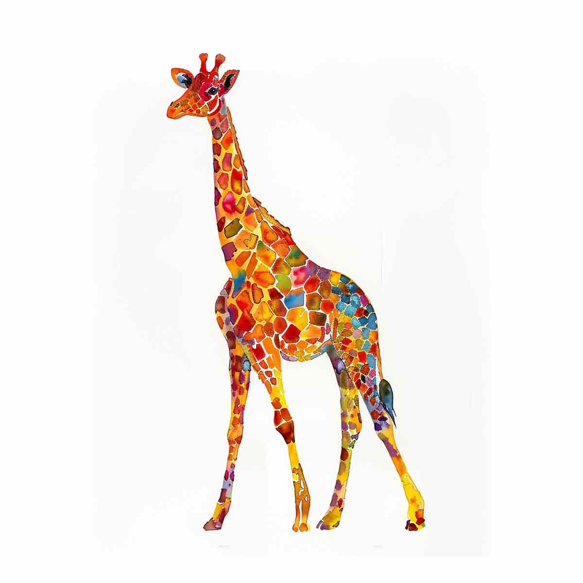 Colorful watercolor giraffe canvas art for playful kids room or nursery decor.