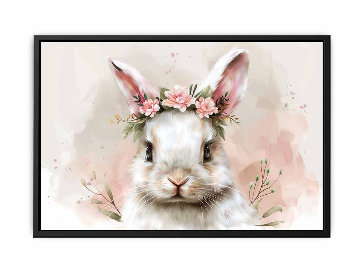 White bunny floral watercolor canvas art for nursery and kids room decor.
