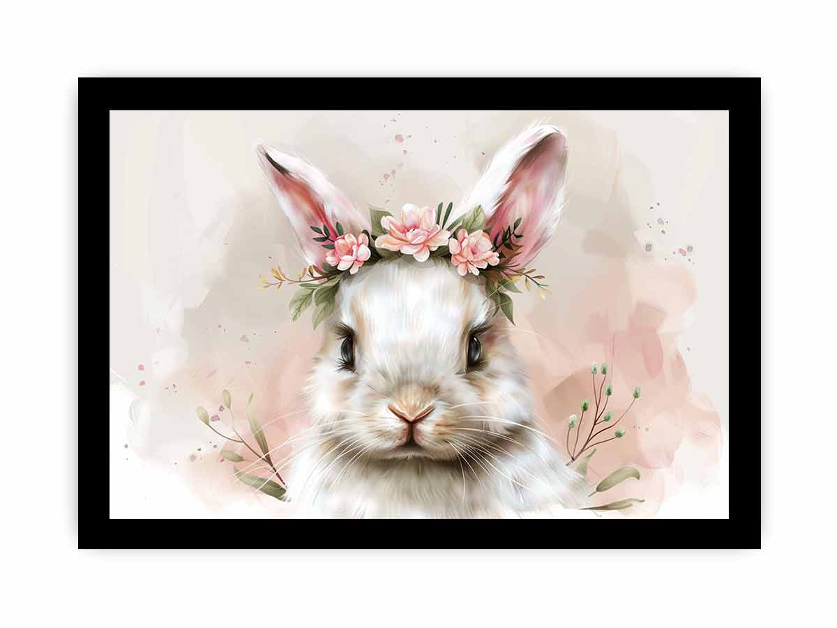White bunny floral watercolor canvas art for nursery and kids room decor.