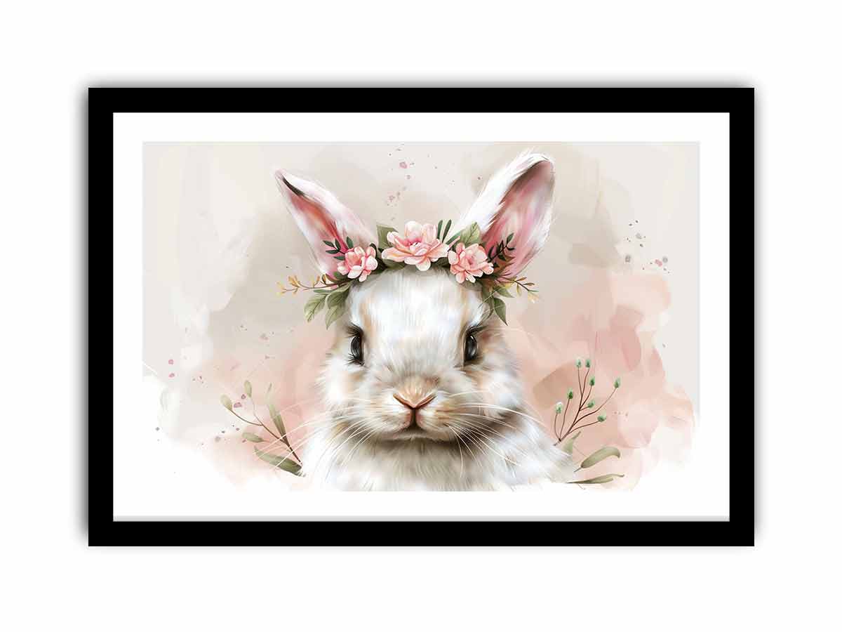 White bunny floral watercolor canvas art for nursery and kids room decor.