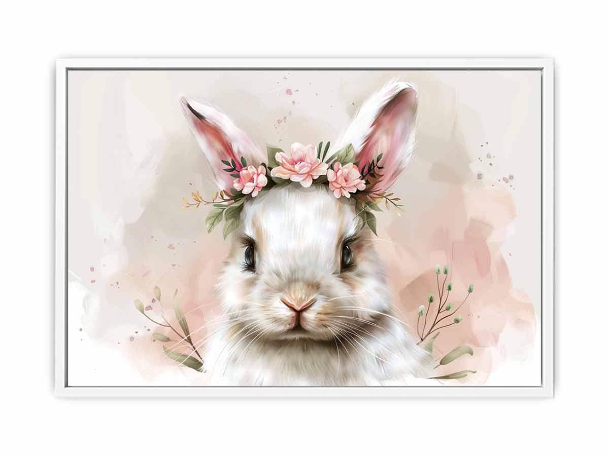 White bunny floral watercolor canvas art for nursery and kids room decor.