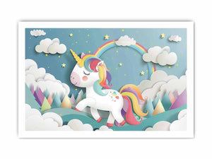 Rainbow unicorn canvas print with clouds and stars for kids bedroom decor.